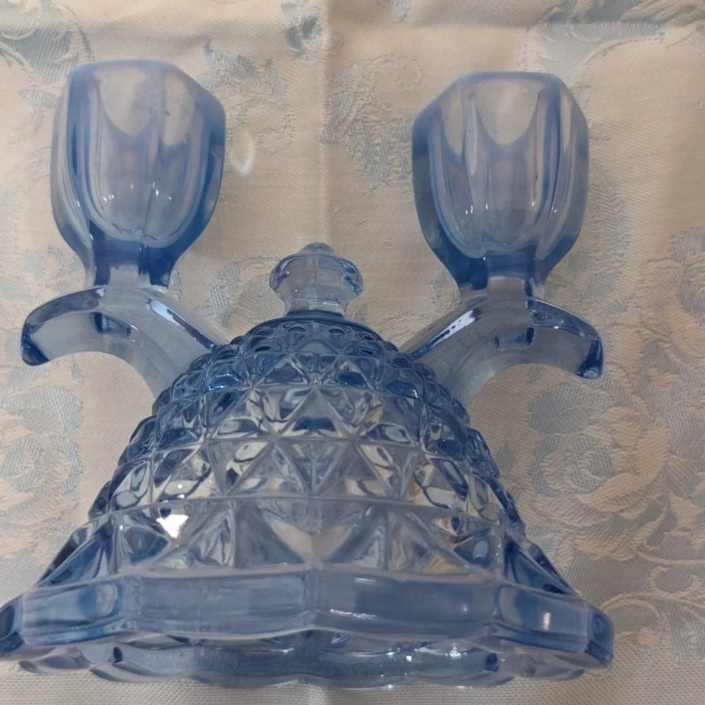 Pair of Vtg Depression Candle Holders Imperial Glass Katy Blu Lace Edge - Picture 8 of 9